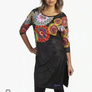 Desigual Longline Tunic Top Sz Small Black Rainbow Geometric Flowers Side Slits